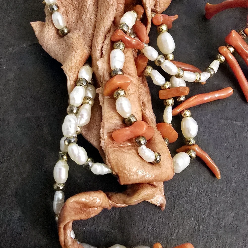 Vintage Branch Coral Pearl Suede Leather Hand Crafted Artist Designer Brooch Pin